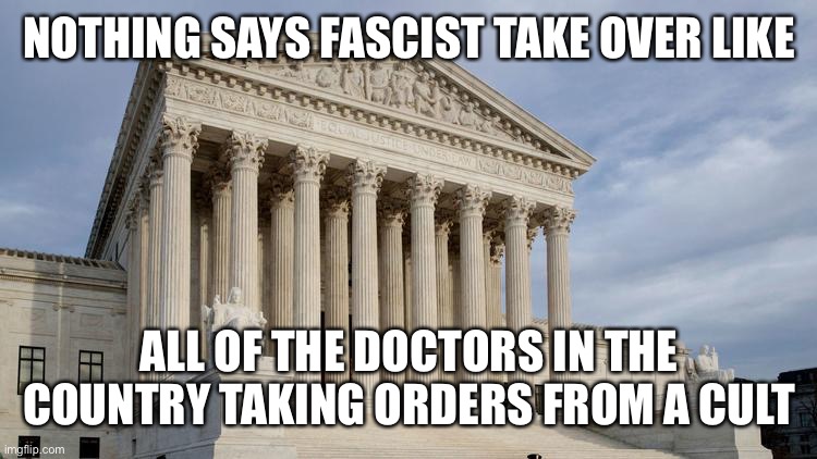 supreme court | NOTHING SAYS FASCIST TAKE OVER LIKE; ALL OF THE DOCTORS IN THE COUNTRY TAKING ORDERS FROM A CULT | image tagged in supreme court | made w/ Imgflip meme maker