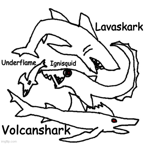 mfs that live in volcanoes under the sea | Lavaskark; Ignisquid; Underflame; Volcanshark | made w/ Imgflip meme maker