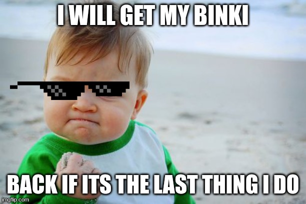 BINKI | I WILL GET MY BINKI; BACK IF ITS THE LAST THING I DO | image tagged in memes,success kid original | made w/ Imgflip meme maker