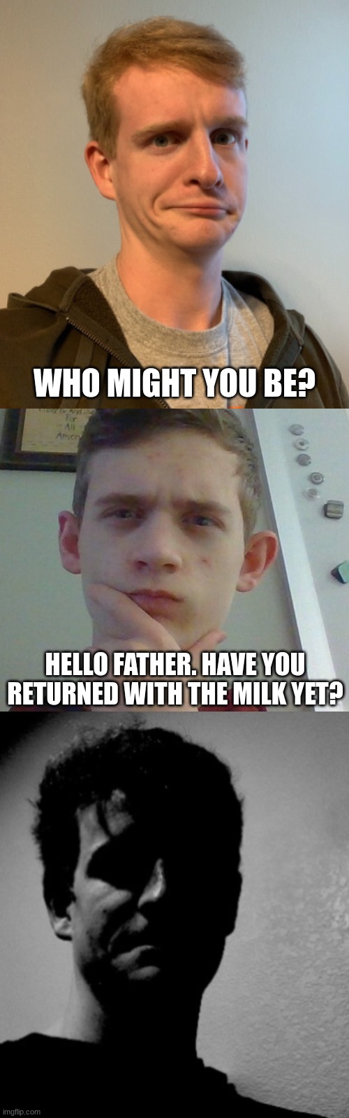 WHO MIGHT YOU BE? HELLO FATHER. HAVE YOU RETURNED WITH THE MILK YET? | image tagged in thelargepig confused,thelargepig becoming slightly uncanny extended | made w/ Imgflip meme maker