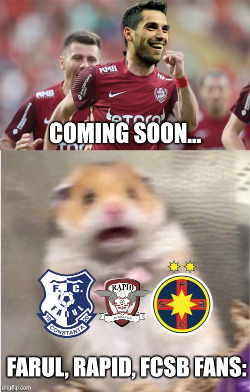 Nicusor Stanciu to CFR Cluj meme (possibly) | COMING SOON... FARUL, RAPID, FCSB FANS: | image tagged in scared hamster,cfr cluj,fcsb,farul,rapid,stanciu | made w/ Imgflip meme maker