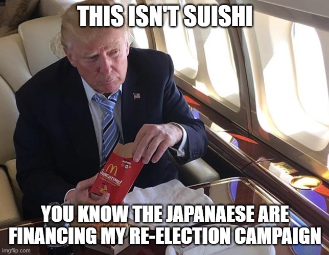 this isn't | THIS ISN'T SUISHI; YOU KNOW THE JAPANAESE ARE FINANCING MY RE-ELECTION CAMPAIGN | image tagged in this isn't even my final form | made w/ Imgflip meme maker