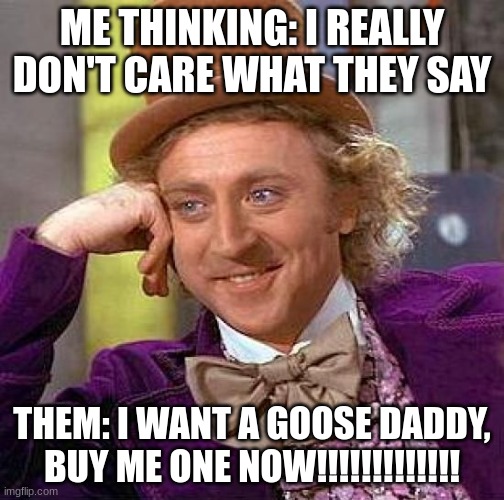 Hilarious Wonky Wonka | ME THINKING: I REALLY DON'T CARE WHAT THEY SAY; THEM: I WANT A GOOSE DADDY, BUY ME ONE NOW!!!!!!!!!!!!! | image tagged in memes,creepy condescending wonka | made w/ Imgflip meme maker