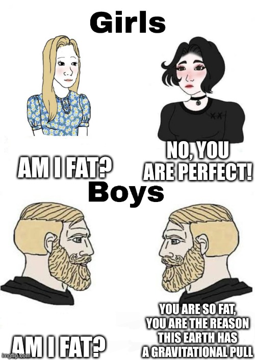 FAT BOY | AM I FAT? NO, YOU ARE PERFECT! YOU ARE SO FAT, YOU ARE THE REASON THIS EARTH HAS A GRAVITATIONAL PULL; AM I FAT? | image tagged in girls vs boys | made w/ Imgflip meme maker