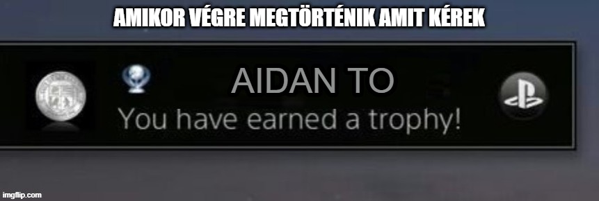 PlayStation trophy | AMIKOR VÉGRE MEGTÖRTÉNIK AMIT KÉREK; AIDAN TO | image tagged in playstation trophy | made w/ Imgflip meme maker