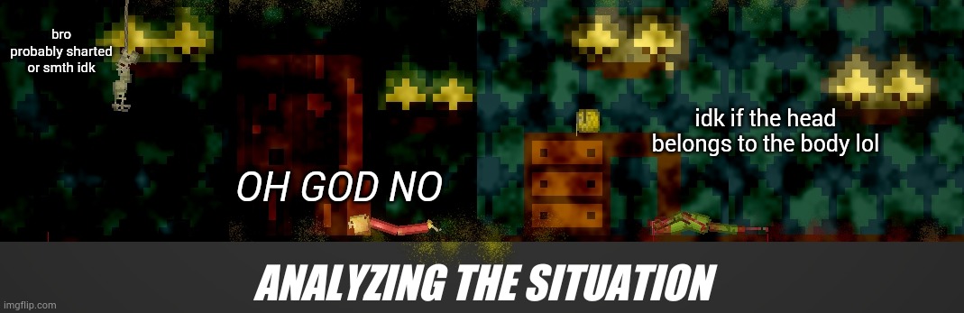 analyzing the situation in melon playground | bro probably sharted or smth idk; idk if the head belongs to the body lol; OH GOD NO; ANALYZING THE SITUATION | made w/ Imgflip meme maker
