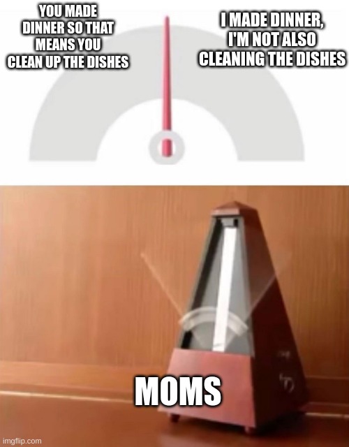 metronome | YOU MADE DINNER SO THAT MEANS YOU CLEAN UP THE DISHES; I MADE DINNER, I'M NOT ALSO CLEANING THE DISHES; MOMS | image tagged in metronome | made w/ Imgflip meme maker