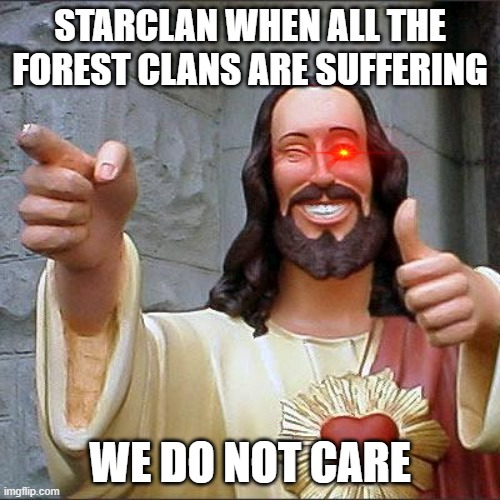 Buddy Christ Meme | STARCLAN WHEN ALL THE FOREST CLANS ARE SUFFERING; WE DO NOT CARE | image tagged in memes,buddy christ | made w/ Imgflip meme maker