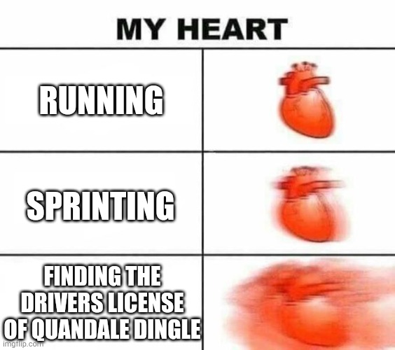 My heart blank | RUNNING SPRINTING FINDING THE DRIVERS LICENSE OF QUANDALE DINGLE | image tagged in my heart blank | made w/ Imgflip meme maker