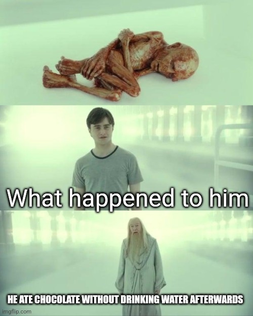 Dead Baby Voldemort / What Happened To Him | What happened to him; HE ATE CHOCOLATE WITHOUT DRINKING WATER AFTERWARDS | image tagged in dead baby voldemort / what happened to him | made w/ Imgflip meme maker