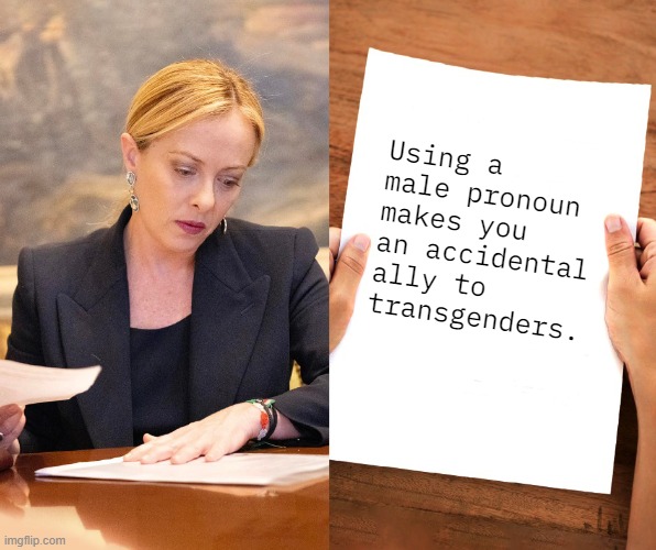 Meloni hates feminism so much that she goes by "il presidente/mr. president." | Using a male pronoun makes you an accidental ally to transgenders. | image tagged in giorgia legge cose,misogyny,transphobic,congratulations you played yourself | made w/ Imgflip meme maker