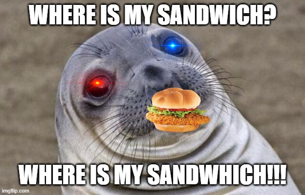 WHERE IS HIS SANDWHICH!?!?!? | WHERE IS MY SANDWICH? WHERE IS MY SANDWHICH!!! | image tagged in memes,awkward moment sealion | made w/ Imgflip meme maker