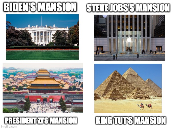 Very precise | BIDEN'S MANSION; STEVE JOBS'S MANSION; PRESIDENT ZI'S MANSION; KING TUT'S MANSION | image tagged in stop reading the tags,why are you reading this,white house,apple,china,egypt | made w/ Imgflip meme maker
