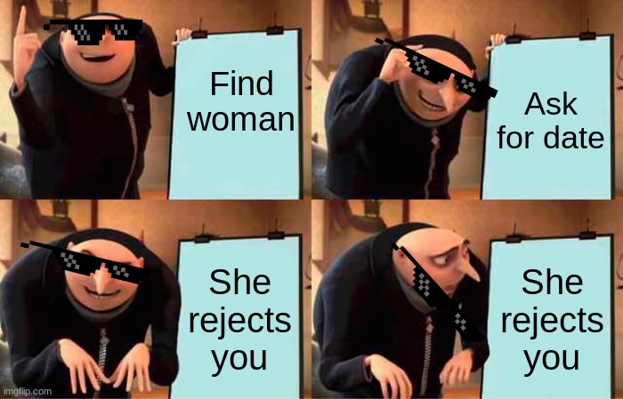 Gru's Plan Meme | Find woman; Ask for date; She rejects you; She rejects you | image tagged in memes,gru's plan | made w/ Imgflip meme maker
