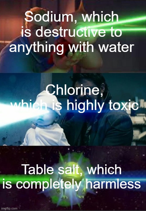 They even made a joke about that on Science Max. |  Sodium, which is destructive to anything with water; Chlorine, which is highly toxic; Table salt, which is completely harmless | image tagged in laser babies to mike wazowski | made w/ Imgflip meme maker