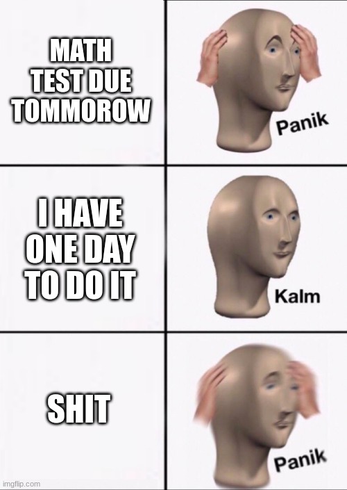 Stonks Panic Calm Panic | MATH TEST DUE TOMMOROW; I HAVE ONE DAY TO DO IT; SHIT | image tagged in stonks panic calm panic | made w/ Imgflip meme maker