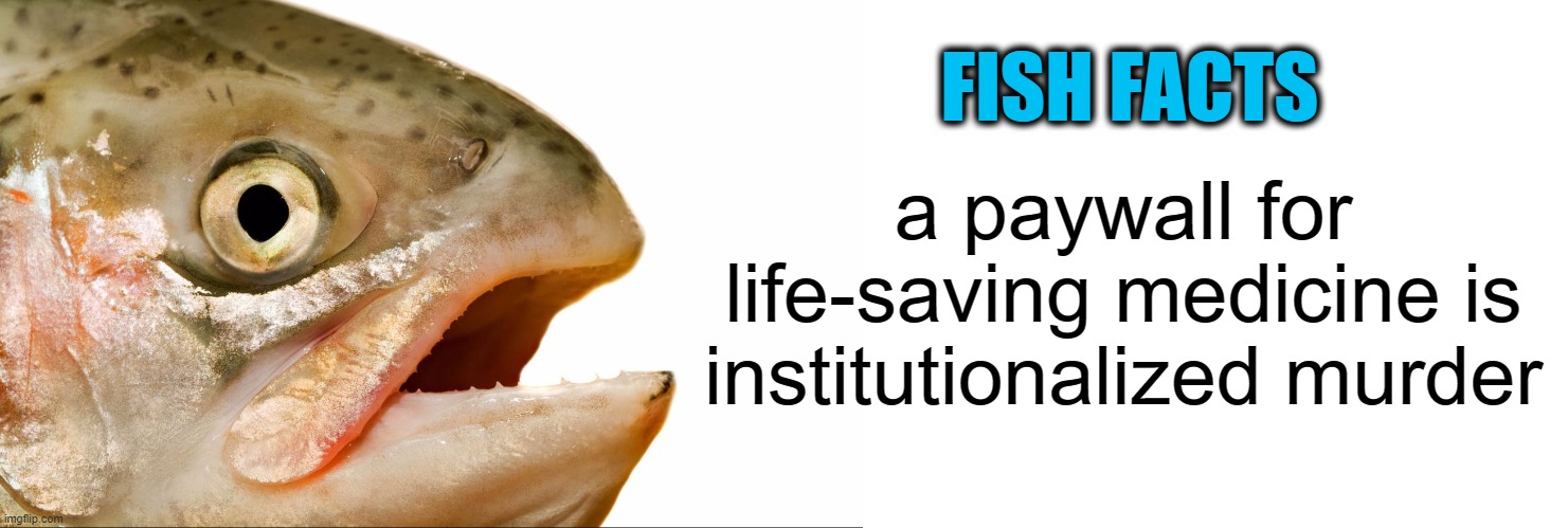 It doesn't matter if the hospital didn't kill them themselves. The person still dies because they refused aid. | FISH FACTS; a paywall for life-saving medicine is institutionalized murder | image tagged in statement salmon,blank white template,medical paywall,medical,anti-capitalism | made w/ Imgflip meme maker