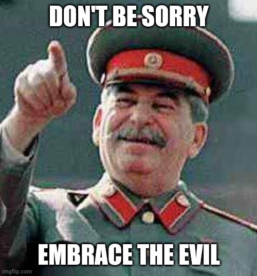 Stalin says | DON'T BE SORRY EMBRACE THE EVIL | image tagged in stalin says | made w/ Imgflip meme maker