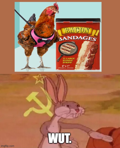 Bugs bunny communist | WUT. | image tagged in bugs bunny communist,chicken,bacon,medicine,memes,stop reading the tags | made w/ Imgflip meme maker