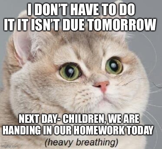 Heavy Breathing Cat | I DON’T HAVE TO DO IT IT ISN’T DUE TOMORROW; NEXT DAY- CHILDREN, WE ARE HANDING IN OUR HOMEWORK TODAY | image tagged in memes,heavy breathing cat | made w/ Imgflip meme maker