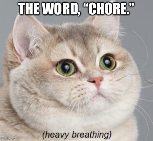 Heavy Breathing Cat Meme | THE WORD, “CHORE.” | image tagged in memes,heavy breathing cat | made w/ Imgflip meme maker