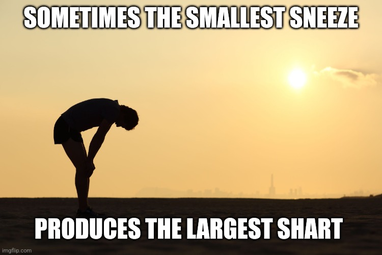 Inspiration at its finest | SOMETIMES THE SMALLEST SNEEZE; PRODUCES THE LARGEST SHART | image tagged in exhausted,inspirational,funny,shart,sneeze | made w/ Imgflip meme maker