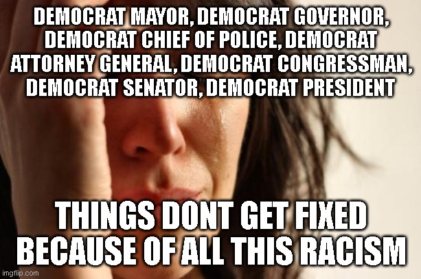 First World Problems Meme | DEMOCRAT MAYOR, DEMOCRAT GOVERNOR, DEMOCRAT CHIEF OF POLICE, DEMOCRAT ATTORNEY GENERAL, DEMOCRAT CONGRESSMAN, DEMOCRAT SENATOR, DEMOCRAT PRE | image tagged in memes,first world problems | made w/ Imgflip meme maker