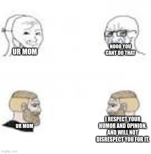 clever title | NOOO YOU CANT DO THAT; UR MOM; I RESPECT YOUR HUMOR AND OPINION, AND WILL NOT DISRESPECT YOU FOR IT. UR MOM | image tagged in virgin vs chad | made w/ Imgflip meme maker