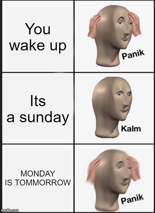 everyday be like | You wake up; Its a sunday; MONDAY IS TOMMORROW | image tagged in memes,panik kalm panik,funny,relatable,school,weekend | made w/ Imgflip meme maker