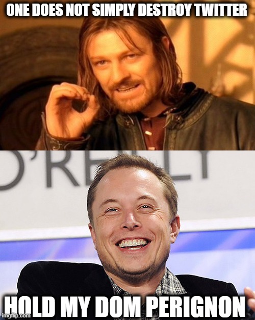 I need popcorn | ONE DOES NOT SIMPLY DESTROY TWITTER; HOLD MY DOM PERIGNON | image tagged in memes,one does not simply,elon musk,social media,imgflip,twitter | made w/ Imgflip meme maker