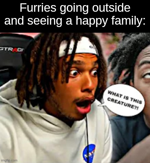 WHAT IS THIS CREATURE?! | Furries going outside and seeing a happy family: | image tagged in what is this creature | made w/ Imgflip meme maker