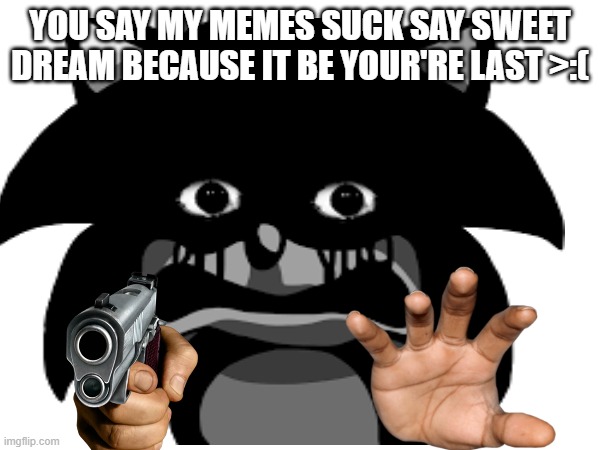 you don't like my meme | YOU SAY MY MEMES SUCK SAY SWEET DREAM BECAUSE IT BE YOUR'RE LAST >:( | image tagged in gun,sonic exe | made w/ Imgflip meme maker