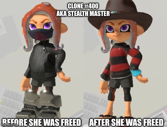 Basically she is a ninja | CLONE #400 AKA STEALTH MASTER; BEFORE SHE WAS FREED; AFTER SHE WAS FREED | made w/ Imgflip meme maker