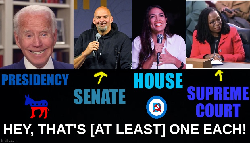 PRESIDENCY HEY, THAT'S [AT LEAST] ONE EACH! SENATE HOUSE SUPREME COURT | image tagged in joe biden poopy,john fetterman,aoc crazy,i'm not a biologist,black background | made w/ Imgflip meme maker