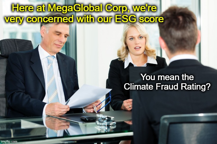 That's "CFR" for lingoists. | Here at MegaGlobal Corp, we're very concerned with our ESG score; You mean the Climate Fraud Rating? | image tagged in job interview | made w/ Imgflip meme maker