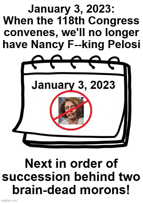 Maybe there's hope for the future after all | January 3, 2023:
When the 118th Congress convenes, we'll no longer have Nancy F--king Pelosi; Next in order of succession behind two
brain-dead morons! | image tagged in memes,nancy pelosi,order of succession,president,january 3 2023 | made w/ Imgflip meme maker