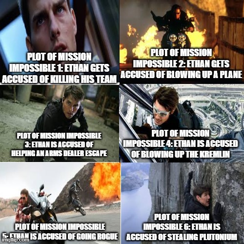 Every Mission Impossible Movie |  PLOT OF MISSION IMPOSSIBLE 1: ETHAN GETS ACCUSED OF KILLING HIS TEAM; PLOT OF MISSION IMPOSSIBLE 2: ETHAN GETS ACCUSED OF BLOWING UP A PLANE; PLOT OF MISSION IMPOSSIBLE 4: ETHAN IS ACCUSED OF BLOWING UP THE KREMLIN; PLOT OF MISSION IMPOSSIBLE 3: ETHAN IS ACCUSED OF HELPING AN ARMS DEALER ESCAPE; PLOT OF MISSION IMPOSSIBLE 6: ETHAN IS ACCUSED OF STEALING PLUTONIUM; PLOT OF MISSION IMPOSSIBLE 5: ETHAN IS ACCUSED OF GOING ROGUE | image tagged in memes,blank transparent square,mission impossible,tom cruise | made w/ Imgflip meme maker