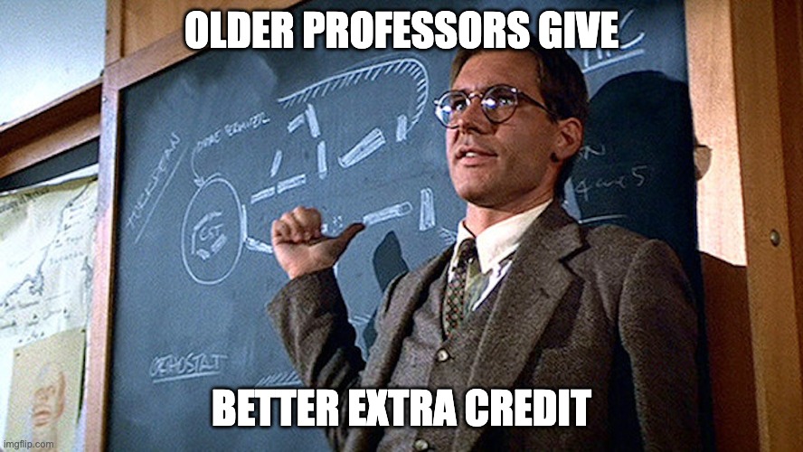 professor indiana jones | OLDER PROFESSORS GIVE; BETTER EXTRA CREDIT | image tagged in professor | made w/ Imgflip meme maker