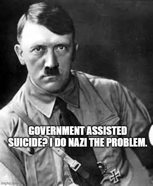 Hitler: Assisted Suicide | GOVERNMENT ASSISTED SUICIDE? I DO NAZI THE PROBLEM. | image tagged in adolf hitler | made w/ Imgflip meme maker