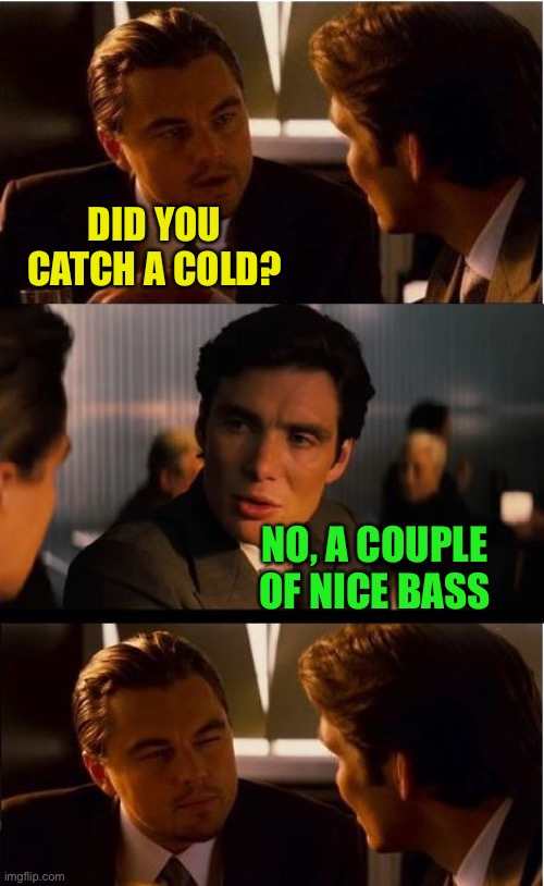 Inception Meme | DID YOU CATCH A COLD? NO, A COUPLE OF NICE BASS | image tagged in memes,inception | made w/ Imgflip meme maker