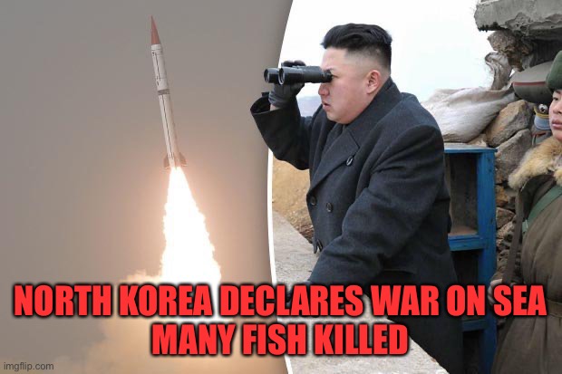 kim jong un north korea missile | NORTH KOREA DECLARES WAR ON SEA
MANY FISH KILLED | image tagged in kim jong un north korea missile | made w/ Imgflip meme maker