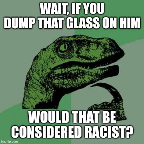Philosoraptor Meme | WAIT, IF YOU DUMP THAT GLASS ON HIM WOULD THAT BE CONSIDERED RACIST? | image tagged in memes,philosoraptor | made w/ Imgflip meme maker