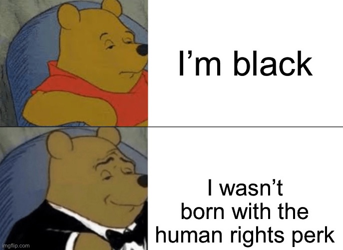 Tuxedo Winnie The Pooh Meme | I’m black I wasn’t born with the human rights perk | image tagged in memes,tuxedo winnie the pooh | made w/ Imgflip meme maker