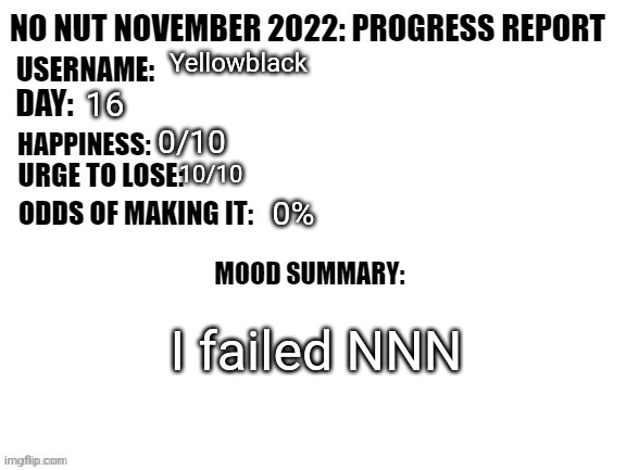 No Nut November 2022: Progress Report | Yellowblack; 16; 0/10; 10/10; 0%; I failed NNN | image tagged in no nut november 2022 progress report | made w/ Imgflip meme maker