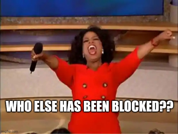 Oprah You Get A Meme | WHO ELSE HAS BEEN BLOCKED?? | image tagged in memes,oprah you get a | made w/ Imgflip meme maker