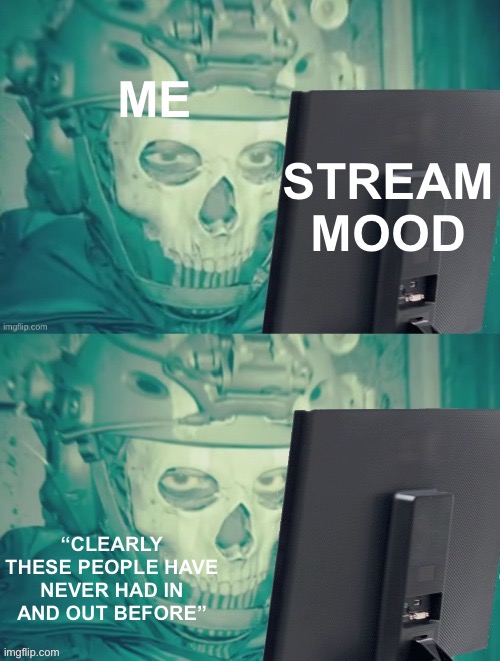 It is an post | ME; STREAM MOOD; “CLEARLY THESE PEOPLE HAVE NEVER HAD IN AND OUT BEFORE” | image tagged in ghost looking at computer | made w/ Imgflip meme maker