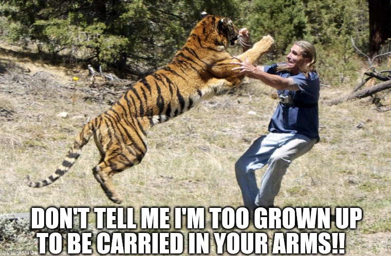 PETA Tiger | DON'T TELL ME I'M TOO GROWN UP; TO BE CARRIED IN YOUR ARMS!! | image tagged in peta tiger | made w/ Imgflip meme maker