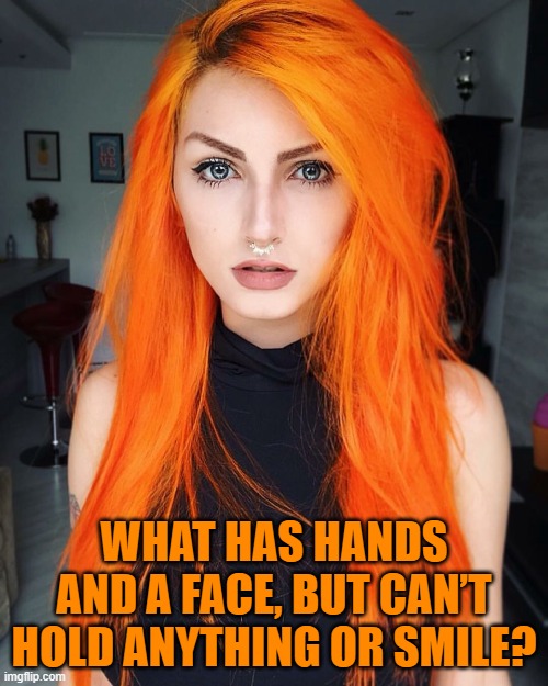 WHAT HAS HANDS AND A FACE, BUT CAN’T HOLD ANYTHING OR SMILE? | image tagged in riddle | made w/ Imgflip meme maker