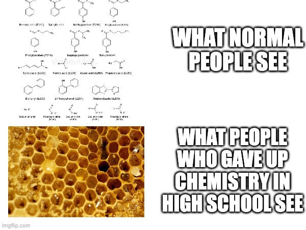 WHAT NORMAL PEOPLE SEE; WHAT PEOPLE WHO GAVE UP CHEMISTRY IN HIGH SCHOOL SEE | made w/ Imgflip meme maker