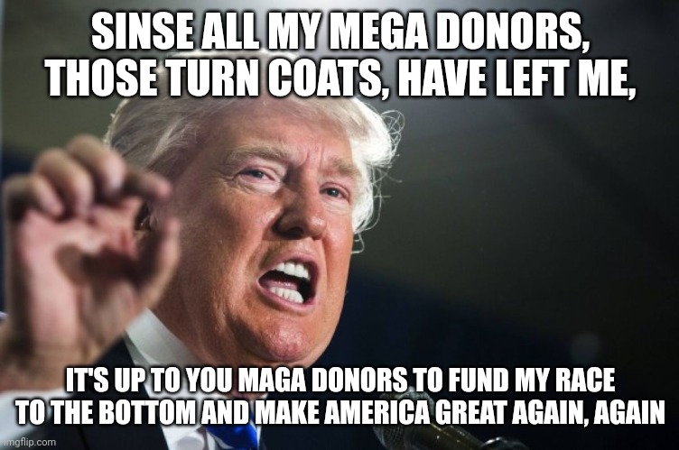 Won't be long before he starts asking his magats for "donations" to fund his campaign, cause he's a "billionaire" and all. 3 day | SINSE ALL MY MEGA DONORS, THOSE TURN COATS, HAVE LEFT ME, IT'S UP TO YOU MAGA DONORS TO FUND MY RACE TO THE BOTTOM AND MAKE AMERICA GREAT AGAIN, AGAIN | image tagged in donald trump,2024 maga,bilk my base | made w/ Imgflip meme maker